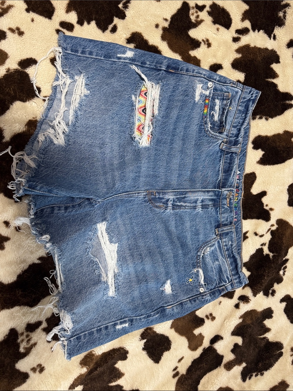 American Eagle Outfitters Blue Distressed Denim Shorts with Rainbow Trim